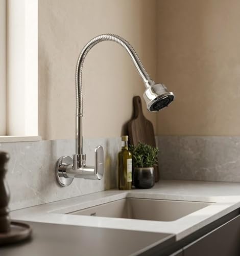 Image of KAMAL Sink Spray Kitchen Tab Opal - | SS 304 Flexible Spout 360 Degree Dual Flow | Brass Body & Knob | SS304 Rust Resistant Flexible Spout | Dual Flow Bib Tap Faucet (Wall Mount Installation)