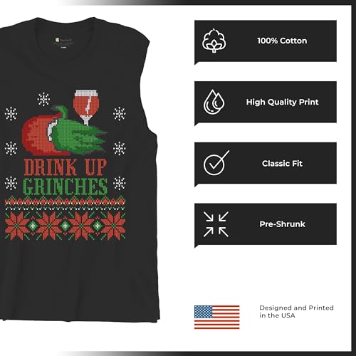 Tee Hunt Drink Up Grinches Muscle Shirt Ugly Sweater Christmas Party Drinking Men's, Preto, P