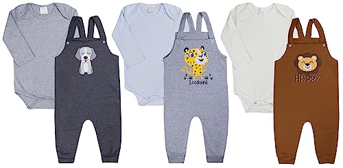 Kit Roupa de Bebe 6 Peças Jardineira e Body Manga Longa em Moletinho para Menino (M)