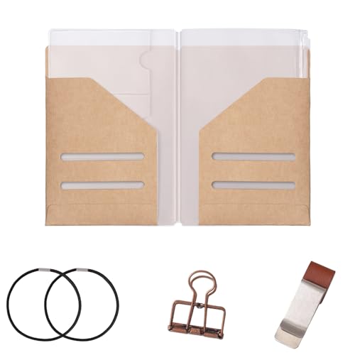 Roadtofree Passport Size Travelers Notebook Accessories Kit - All-in-One Set with Kraft Folder, PVC Zipper Case, Pen Holder, Binder Clip & 2 Elastic Bands for Travel Journal, Daily Use (Kraft, Passport Size 1 PC)