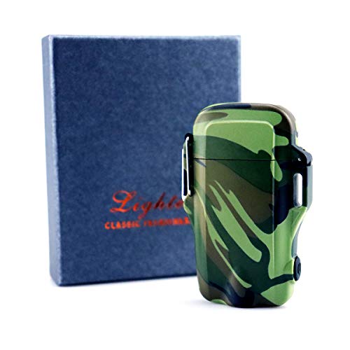 Outdoors Waterproof Lighter with LED Flashlight USB Rechargeable Electric Lighter Double Arc Plasma Lighter Perfect for Outdoors Camping Hiking Traveling BBQ (Camouflage)