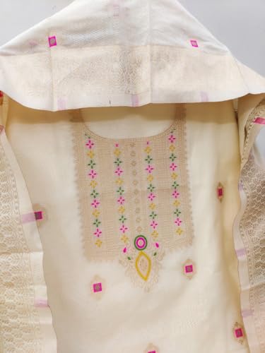 Image of Chanderi Suit Vol 5 | Pure Chanderi Banarasi Silk (3m) | Soft Cotton Bottom (2.5m) | Woven Chanderi Banarasi Silk Dupatta (2.3m) with Tassels, Unstitched Material, Fits up to 60 inch, Length 48
