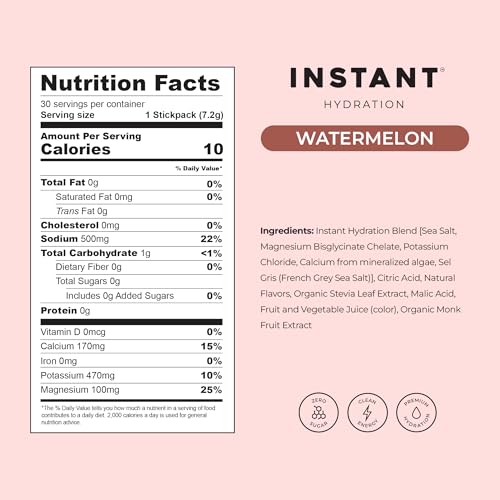 Image of Instant Hydration Electrolytes Powder Packets - Watermelon Electrolyte Drink Mix - Zero Sugar - Keto, Vegan, Gluten-Free, Non-GMO - Boost Recovery, Brain Health, Muscle & Tissue Support- 30 Sticks