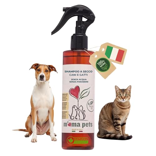 M' MA PETS Shampoo Secco per Cani e Gatti 100% Naturale, Made in Italy - Senza Acqua, Senza Parabeni e Siliconi - Con Cheratina e Pantenolo - Spray Detergente per Pelo Lucente e Morbido - 250ml