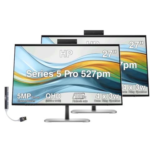 Image of HP Series 5 Pro 527pm 27 inch QHD USB-C Conferencing Monitor (2 Pack) | 5MP Pop-up Webcam, 4x3W Speakers, VESA Mount (100mm), Displayport, HDMI & Dockztorm USB Port Expander, Black /Silver