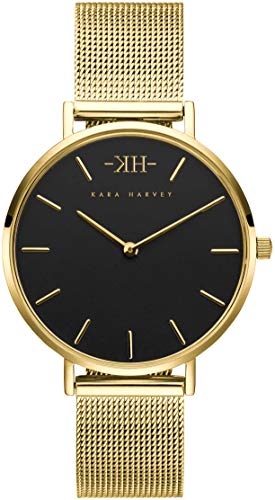 Damen-Armbanduhr Gold Mesh in 36mm und 32mm Diverse Zifferblätter Analog Quarz Edelstahl (36 Millimeter, Gold Schwarz)