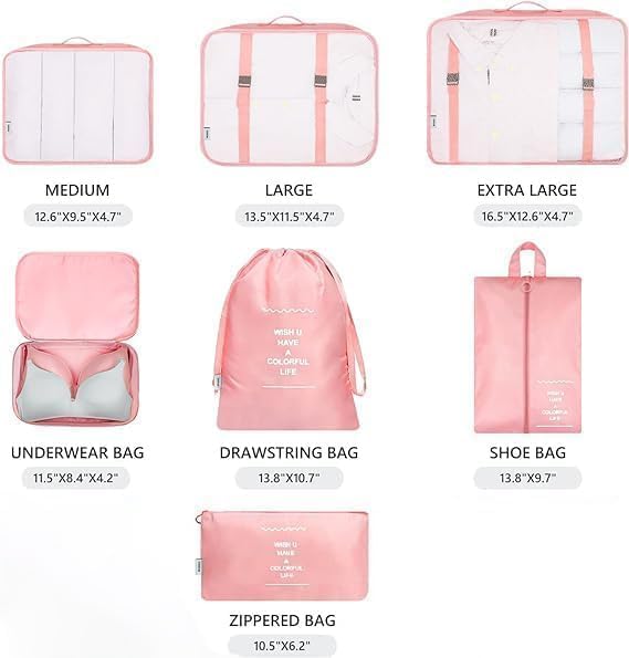 Image of 7pcs Set Travel Organizer Packing Cubes Lightweight Travel Luggage Organizers with Laundry Bag or Toiletry Bag Laundry Organiser. (BEIGE)