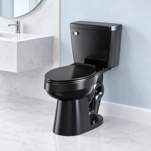 ELLAI Two Piece Elongated Toilets ADA Chair Comfort Height 17.24" Powerful Single Flush 1.28 GPF 12” Rough In with Side Trip Lever, Glossy Black 28.3"x17.2“x31"