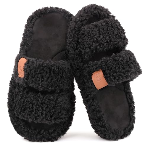 WYSFLY Boys Girls Slippers Open Toe Warm Winter House Shoes Plush Upper Soft Rubber Sole Indoor Kids Fluffy Slippers Black 2.5 UK