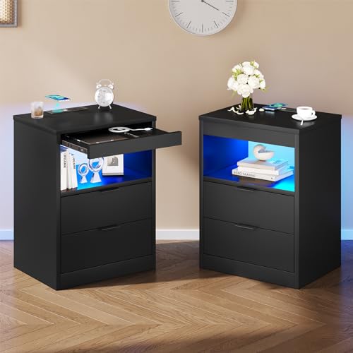 Tiptiper Black Nightstand Set of 2, LED Nightstand with Wireless Charging Station, Night Stand with...