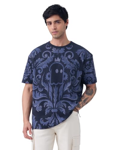 Image of The Souled Store Oversized T-Shirt: Regal Men and Boys Short Sleeves Round Neck Black Graphic Printed Cotton Drop Shoulder Everydaywear Streetwear Casual Oversized T-Shirt