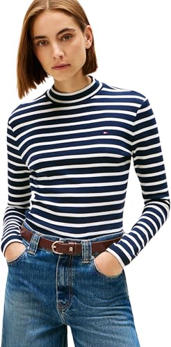 Tommy Hilfiger Damen Langarmshirt Slim Cody Mock-Neck, Mehrfarbig (Dark Night Navy/Ecru STP), M