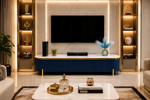 Image of Mazzo Modern TV Unit /Console - 70 inchx12 inchx18 inch White Marble Top with Golden Acrylic, Waterproof Plywood & Charcoal Louvers - Media Cabinet | Modern TV Stand Console Without Storage (Blue)
