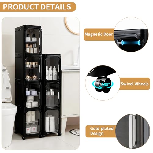 Image of 5-Tier Tall Narrow Slim Bathroom Storage Cabinet, Black | Tool Free Assembly, Adjustable shelves, Fits for Narrow Spaces, Lockable Wheels, Magnetic Clear Door
