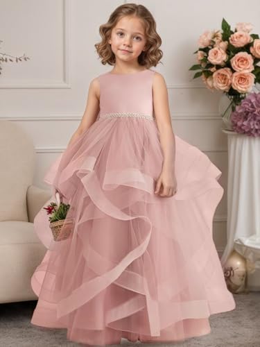 Tiered Tulle Flower Girl Dress for Wedding Kids Long Satin Princess Pageant Birthday Party Bowknot Prom Ball Gowns2