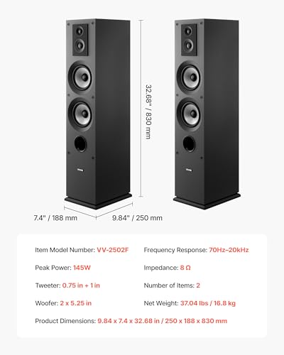 VEVOR Standlautsprecher Paar, 3-Wege-System mit 1,91 cm & 2,54 cm Hochtöner, Zwei 13,34 cm Tieftönern, 145 W Spitzenleistung, 70 Hz–20 kHz Frequenzgang, MDF-Gehäuse, für Home-Audio