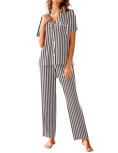 Image of Avidlove Women Pajamas Set Notch Collar Soft Sleepwear Pjs Short Sleeve Button Down Nightwear with Long Pants