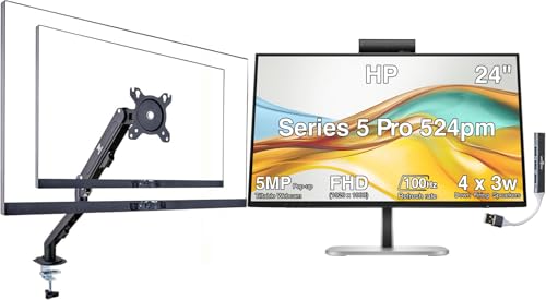Image of HP Series 5 Pro 524pm 24 inch FHD USB-C Conferencing Monitor, 5MP Pop-up Webcam, 4x3W Speakers, VESA Mount (100mm), Displayport, HDMI, Black /Silver (9E0G9UT#ABA) w /DKZ Hub & ErgoFlexy Single Mount Arm