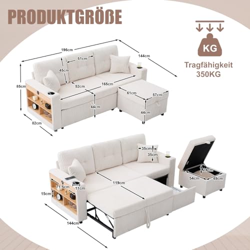 Canapé 3 Places Velours Convertible USB‑C/LED KOMHTOM
