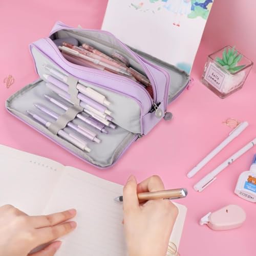Image of Large Capacity Pencil Box for Girls & Boys, 3 Compartments Pen & Pencil Pouches, Aesthetic Stationery Pouch for School Kids College Students, Cute Stationary (Purple)