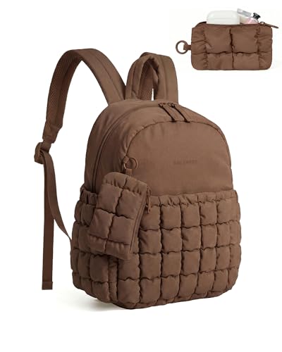 Image of BAGSMART Mini Backpacks for Women, Puffy Checkered Quilted Small Backpack with Pouch, Lightweight Daypack Purse, Water-Resistant Bookbag for Daily Travel College, 2-in-1 Set, Coffee Brown