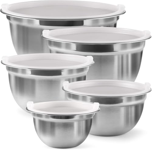 Nobel Mixing Bowl Set of 5, Stainless Steel Nesting Bowls for Meal Preparation Kitchen Baking, Heavy Duty & Dishwasher Safe, Space-Saving Storage Metal Bowl, Air Tight (White Lids 5pc Bowl 14x26)
