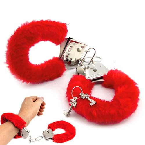 The Fancy Dress Fluffy Fur Handcuffs Adult Women with Keys, Roleplay Accessories for Valentine's Day, Stag Do, Hen Night, Adult Police Cosplay Costume Props for Couples (Red)
