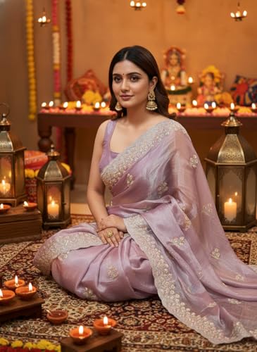 Image of Glory Sarees Women's Organza Chiffon Embroidery Work Scallop Border Saree With Blouse Piece (Chiffon101 Parent)