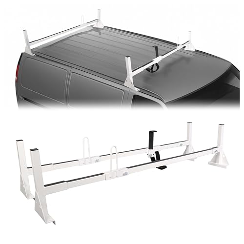 ECOTRIC Adjustable 68'-75' Van Ladder Roof Racks Compatible with 1996-UP Chevy Chevrolet Express 1500 2500 3500 Ford E150 250 350 GMC Savana with Rain Gutters for Kayak Canoe Pipe Cargo(500 LBS)