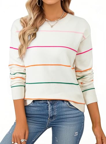 SHEWIN Womens Tops Dressy Casual Crew Neck Striped Sweater Women Lightweight Fall Tops for Women 2025 Long Sleeve Tops Womens Sweaters White Medium