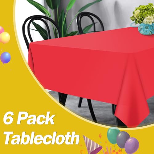 Image of tujol Red 6 Pack Plastic Table Cloth 54 inch x 108 inch, Disposable Tablecloths Rectangle Table Cover, Plastic Tablecloths for Parties