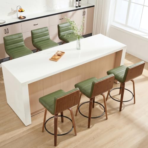 Image of Swivel Bar Stools Set of 6,26 inch Faux Leather Counter Height Barstools with Back,Mid Century Modern Upholstered Bar Chairs with Bentwood Legs Island Stools for Kitchen Counter Green