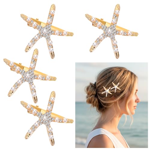 4 Stück Strand Seestern Haarnadel Muschel Goldene Seestern Haarspangen Mädchen Starfish Hair Clips Sommer Glitzernde Krokodilklemme Haarspangen Hochzeit Braut Haarschmuck für Frauen Damen