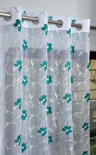 Image of Embroidered Floral Sheer Net Curtain for Window - 5x4 Feet - Transparent Aqua Net Curtain - Pack of 1 - Elegant Lightweight Decor for Living Room & Bedroom