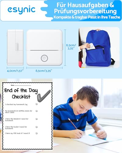 eSynic Mini Drucker – 200 DPI Thermodrucker Bluetooth Drucker für Smartphone, Kompakt und Tragbar, Kein Tintenbedarf, Ideal für Notizen, Etiketten, DIY-Projekte und mehr (Weiß)