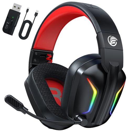 Fachixy FC-300 Gaming Headset mit Mikrofon, 2,4G Wireless Headset für PS5, PS4, PC, Switch, Mac, Surround Sound Faltbarer Bluetooth Gaming Kopfhörer kabellos mit LED Licht, Über 50H+ Akkulaufzeit