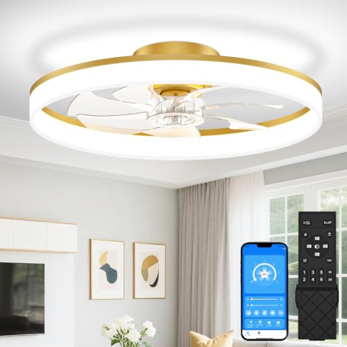 Image of VOLISUN Low Profile Ceiling Fans with Lights and Remote, 24in Fandelier Ceiling Fan Flush Mount, 3000K-6500K Smart Bladeless LED Fan Light, Gold Modern Ceiling Fans with Lights for Bedroom
