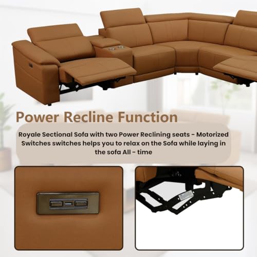 Image of Homax. Royale Leatherette Upholstered 5 Seater Power Reclining Sectional Sofa with Adjustable Headrests, Built-in Console & USB Charging Ports, Colour - Camel Brown