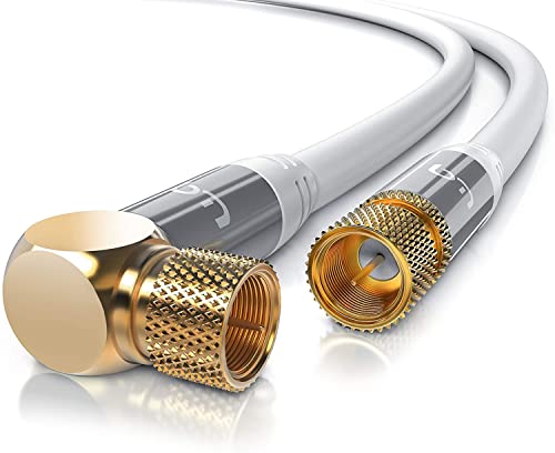 Modello: Primewire - Cavo Satellitare Premium |1 x Connettore a vite angolare a 90° maschio | 1 x Connettore dritto a vite. Contatti dorati, schermato a 135dB, 75 Ohm