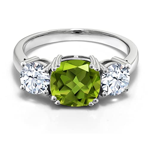 Gem Stone King 3.95 Cttw Green Peridot and White Zirconia 3 Stone Engagement Ring For Women | 925 Sterling Silver | Gemstone August Birthstone | Cushion 8MM | Available in Size 5,6,7,8,9