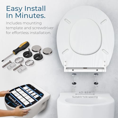 Image of Sanilo Wooden Toilet Seat with Quick Release & Soft Close [ROUND] - Decorative & Slow Close Molded Wood Seat - With One Click for Easy Installation & Cleaning - With Adjustable Fit (White Wood)