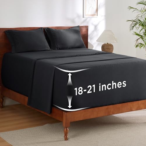 Image of Bedsure Deep Pocket Full Size Bed Sheets Set - Fits Mattresses Up to 21 Inches Thick - 4 Piece GentleSoft Bed Sheets, Moisture Wicking, Soft & Cooling Bedsheet & Pillowcases, Easy & Secure Fit, Black