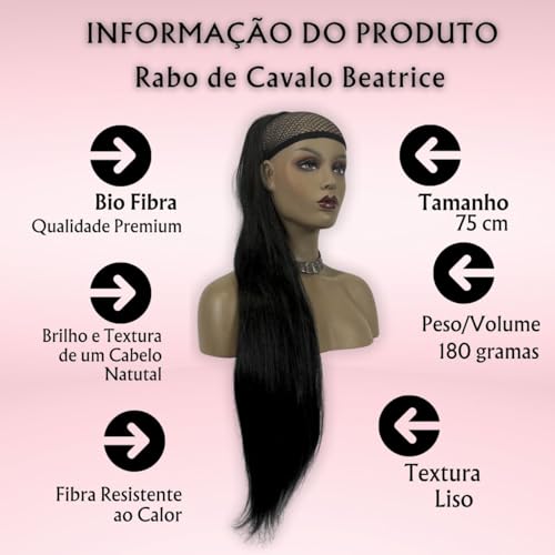Rabo de Cavalo Liso Modelo Beatrice Estylo Mulher - Bio Proteína Fibra Premium 75cm, 180g, Textura d