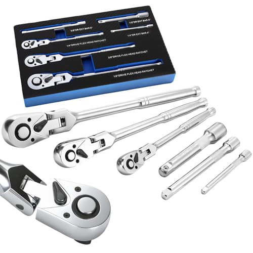 GEARWAVE 6-Piece Flex Head Ratchet Set 1/4 3/8 1/2 Drive Socket Wrench Swivel Head Ratchet with Extension Bar 72 Tooth Quick-Release & Reversible Switch with EVA Foam for Auto & DIY Repair