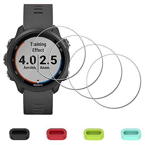 [4 Pack] Screen Protector for Garmin Forerunner 245 Music / 245 Smartwatch + Silicone Anti-dust Plugs, iDaPro Tempered Glass Anti-Scratch Bubble-Free Cover