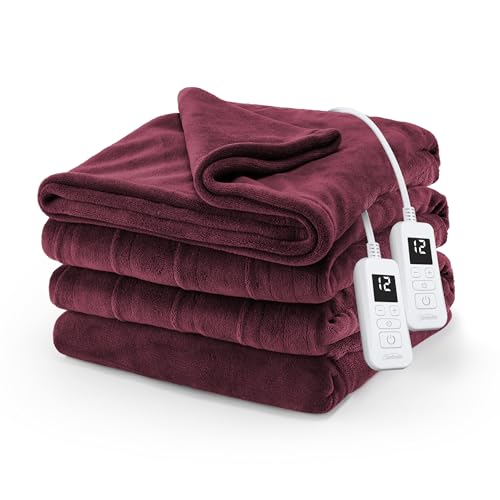 Sunbeam Electric Royal Luxe Microplush Heated Blanket, 12 Heat Settings, 12-Hour Selectable Auto Shut-Off, Fast Heating, Warm and Cozy, Cabernet Color, King, 90' x 100'
