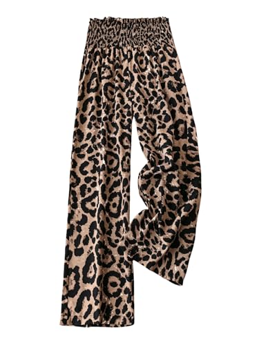 MakeMeChic Women's Plus Size Leopard Print Shirred Elastic Waist Wide Leg Pants Trousers