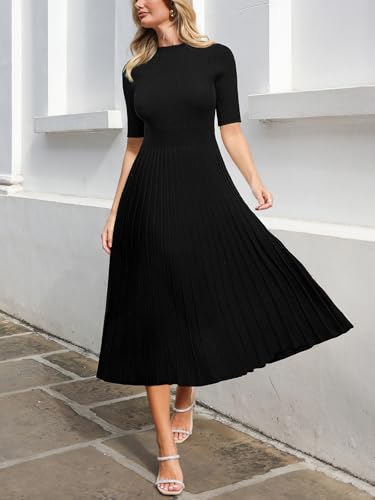 Image of CUPSHE Fall Dresses for Women 2025 Round Neck Half Sleeve Ribbed Knit Pleated A Line Fitted Midi Pullover Sweater Dress