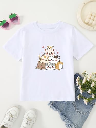 Image of Girl's Cute Cat Graphic T-Shirts Funny Animal Lover Tee