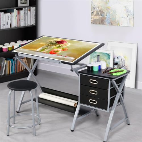 Yaheetech Drafting Desk, Drawing Table for Artists/Adults, Art Desk w/Stool and 3 Slide Drawers, Painting Studio Design Work Station, Adjustable Tabletop, Modern, 50.5 x 24 x 45 inch